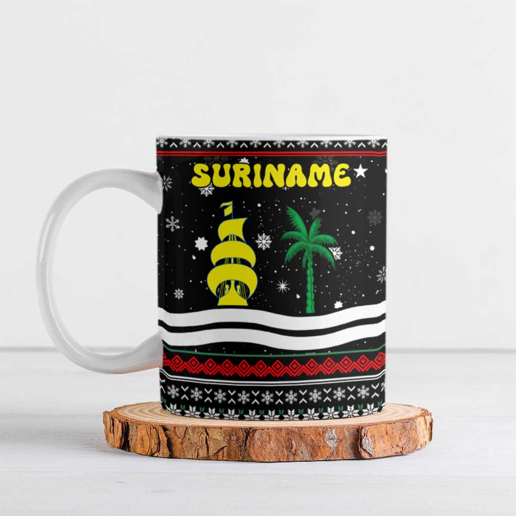Suriname Christmas Ceramic Mug with Black Festive Pattern, Golden Ship, Palm Tree, and Coat of Arms Motif - Wonder Print Shop