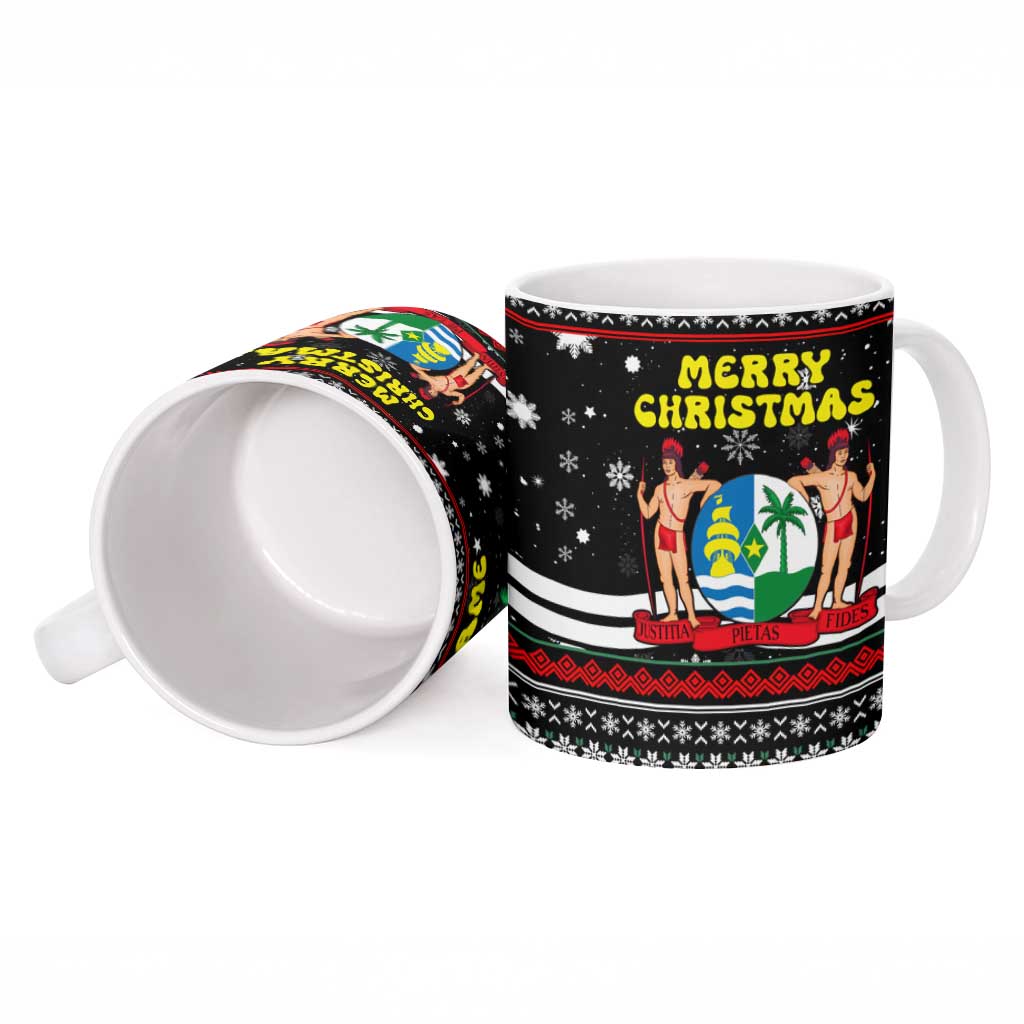 Suriname Christmas Ceramic Mug with Black Festive Pattern, Golden Ship, Palm Tree, and Coat of Arms Motif - Wonder Print Shop