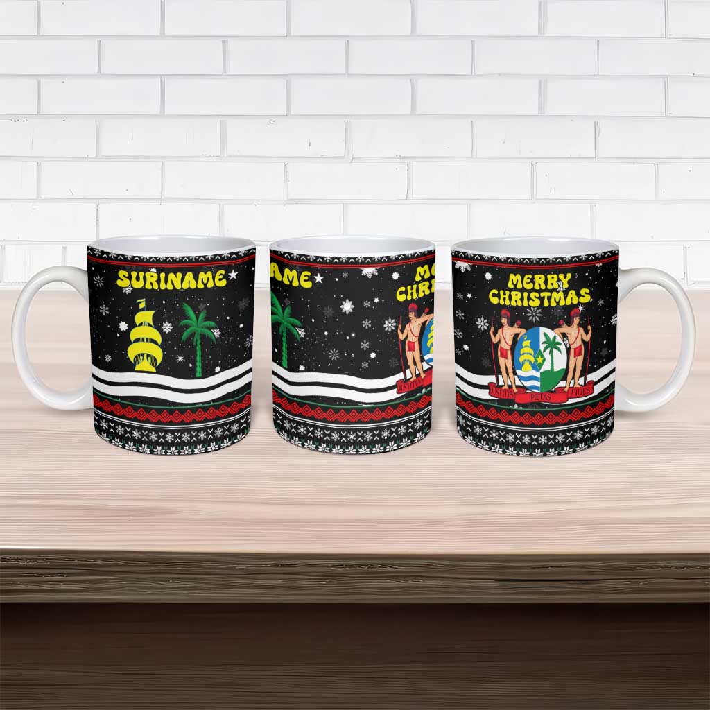 Suriname Christmas Ceramic Mug with Black Festive Pattern, Golden Ship, Palm Tree, and Coat of Arms Motif - Wonder Print Shop