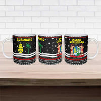 Suriname Christmas Ceramic Mug with Black Festive Pattern, Golden Ship, Palm Tree, and Coat of Arms Motif - Wonder Print Shop