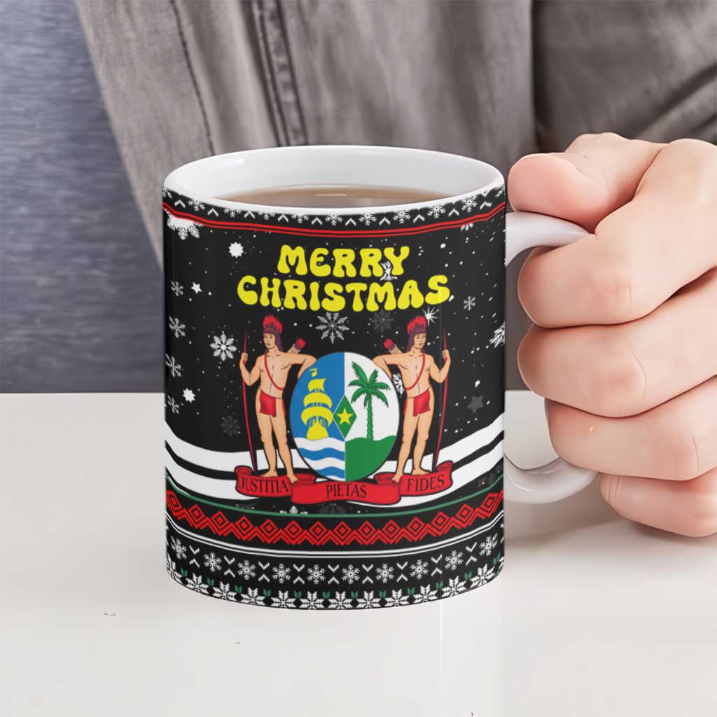 Suriname Christmas Ceramic Mug with Black Festive Pattern, Golden Ship, Palm Tree, and Coat of Arms Motif - Wonder Print Shop
