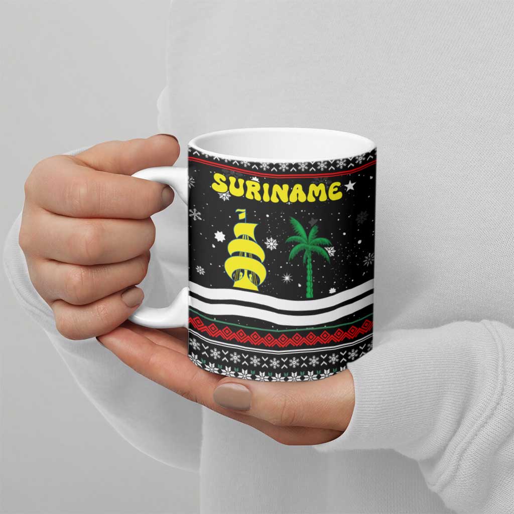 Suriname Christmas Ceramic Mug with Black Festive Pattern, Golden Ship, Palm Tree, and Coat of Arms Motif - Wonder Print Shop