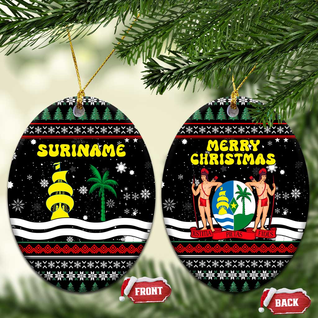 Suriname Christmas Ceramic Ornament with Black Festive Pattern, Golden Ship, Palm Tree, and Coat of Arms Motif - Wonder Print Shop