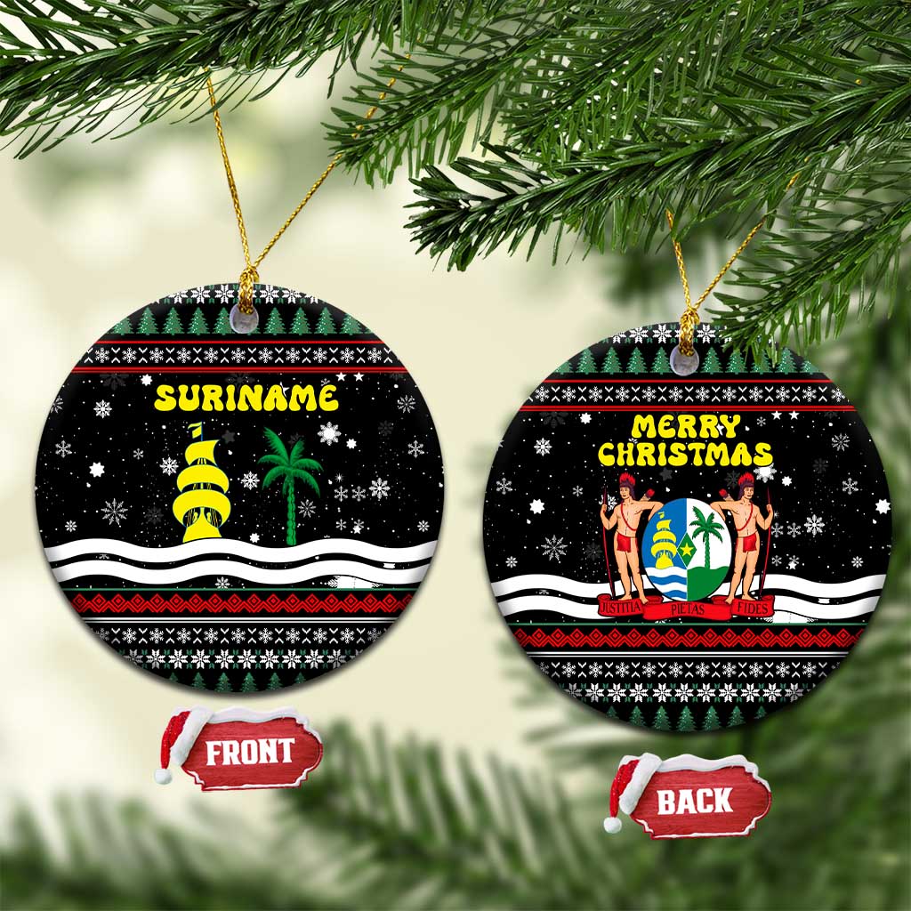 Suriname Christmas Ceramic Ornament with Black Festive Pattern, Golden Ship, Palm Tree, and Coat of Arms Motif - Wonder Print Shop