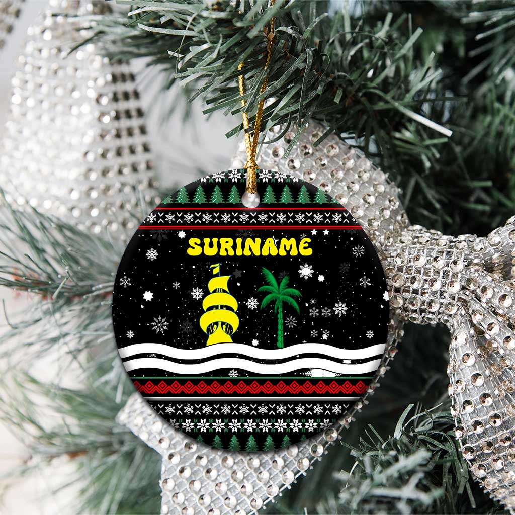 Suriname Christmas Ceramic Ornament with Black Festive Pattern, Golden Ship, Palm Tree, and Coat of Arms Motif - Wonder Print Shop