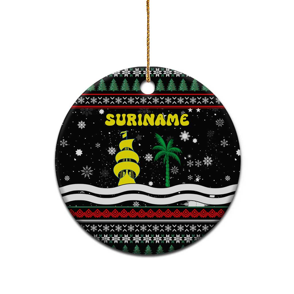 Suriname Christmas Ceramic Ornament with Black Festive Pattern, Golden Ship, Palm Tree, and Coat of Arms Motif - Wonder Print Shop