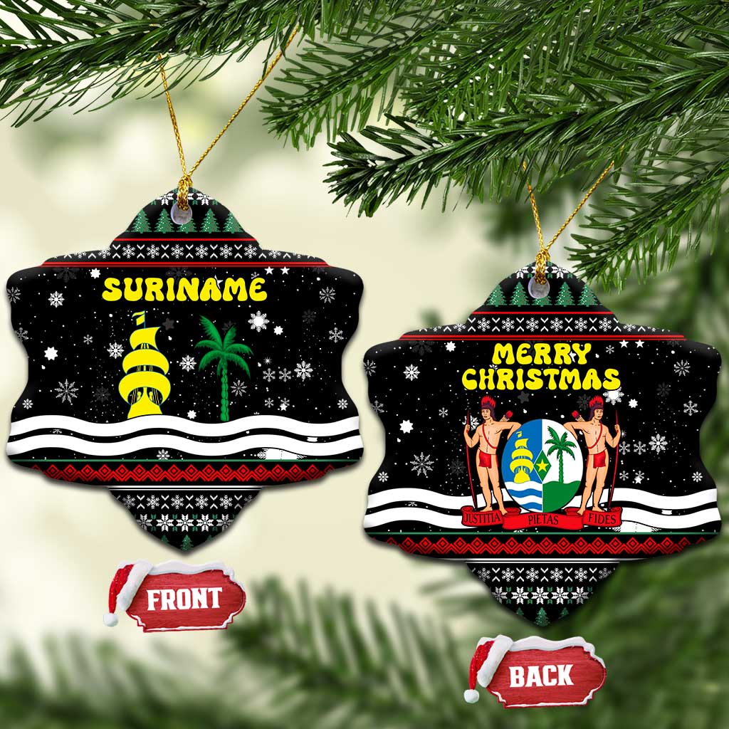 Suriname Christmas Ceramic Ornament with Black Festive Pattern, Golden Ship, Palm Tree, and Coat of Arms Motif - Wonder Print Shop