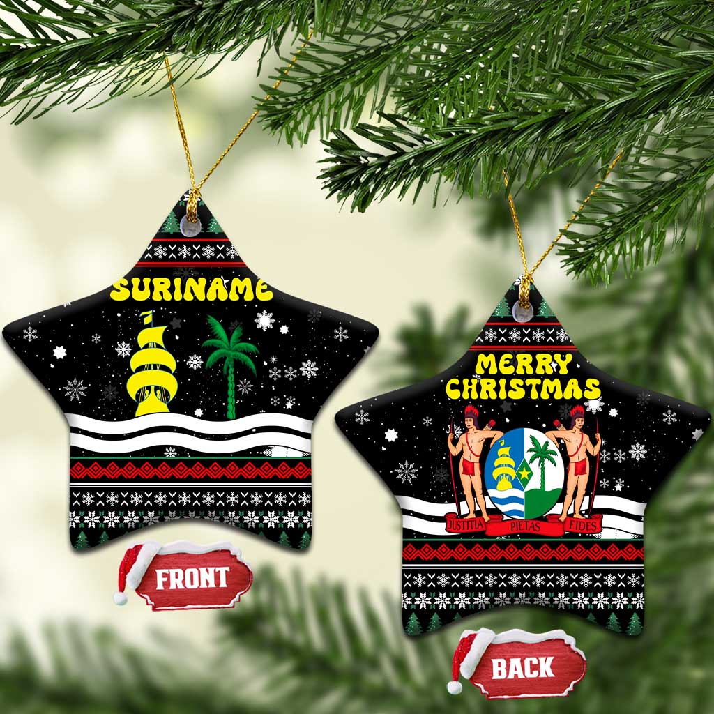 Suriname Christmas Ceramic Ornament with Black Festive Pattern, Golden Ship, Palm Tree, and Coat of Arms Motif - Wonder Print Shop