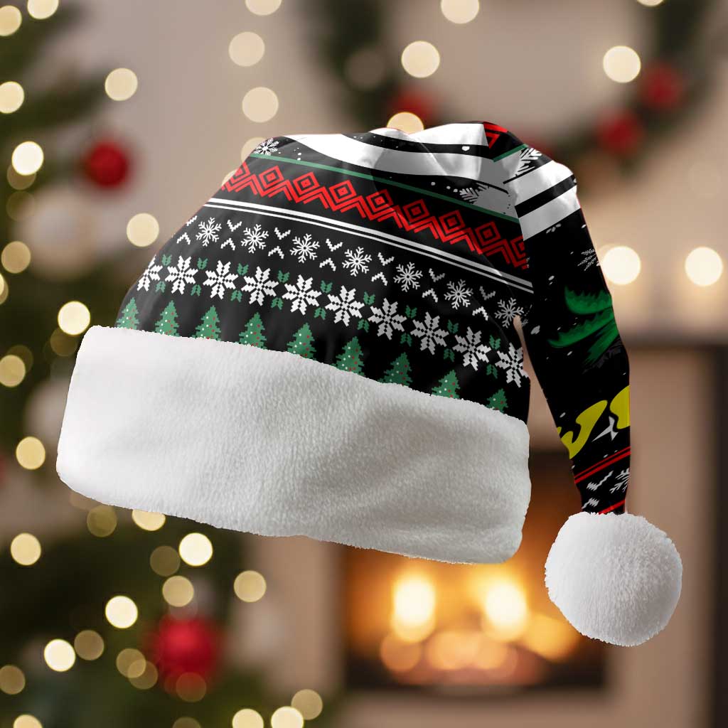Suriname Christmas Santa Hat with Black Festive Pattern, Golden Ship, Palm Tree, and Coat of Arms Motif - Wonder Print Shop