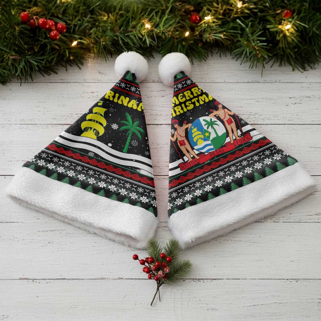 Suriname Christmas Santa Hat with Black Festive Pattern, Golden Ship, Palm Tree, and Coat of Arms Motif - Wonder Print Shop