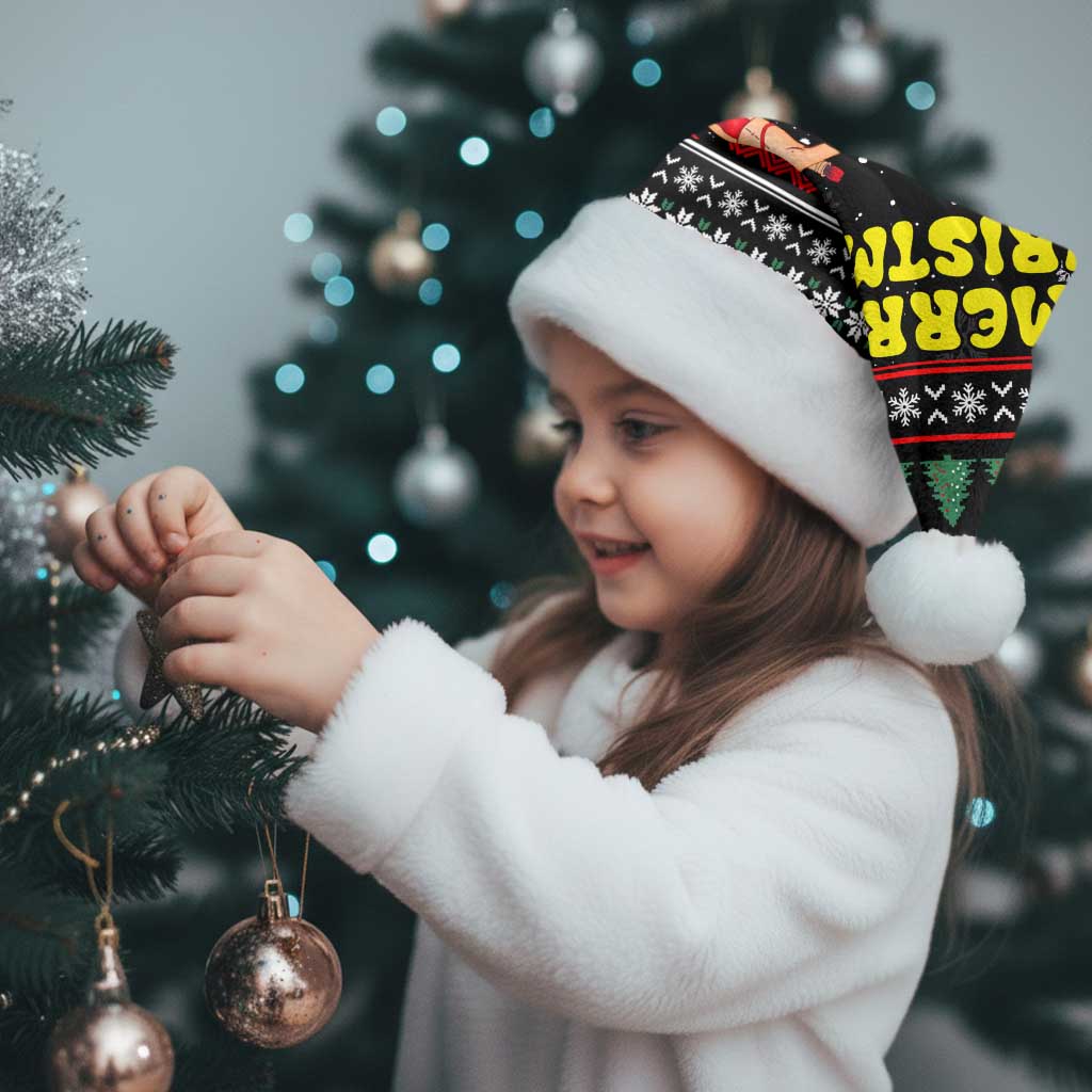 Suriname Christmas Santa Hat with Black Festive Pattern, Golden Ship, Palm Tree, and Coat of Arms Motif - Wonder Print Shop