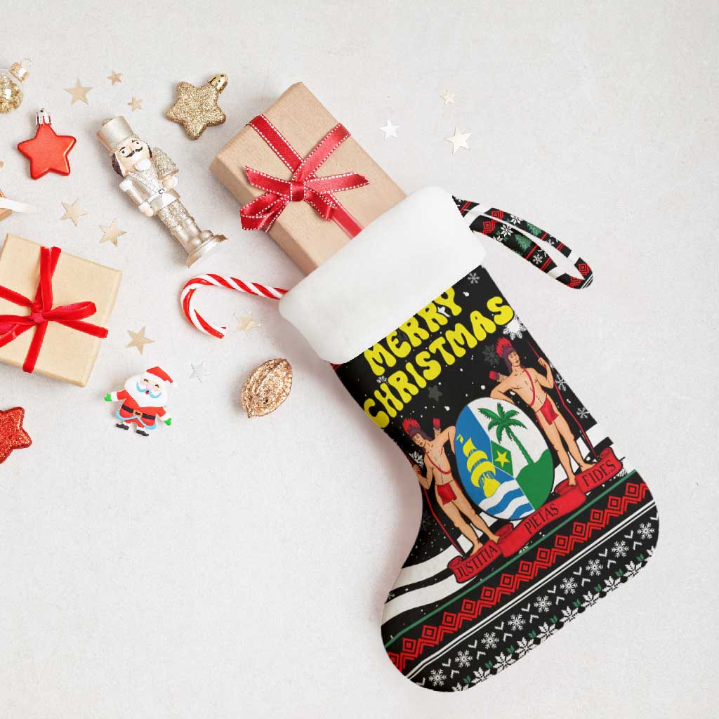 Suriname Christmas Stocking with Black Festive Pattern, Golden Ship, Palm Tree, and Coat of Arms Motif - Wonder Print Shop
