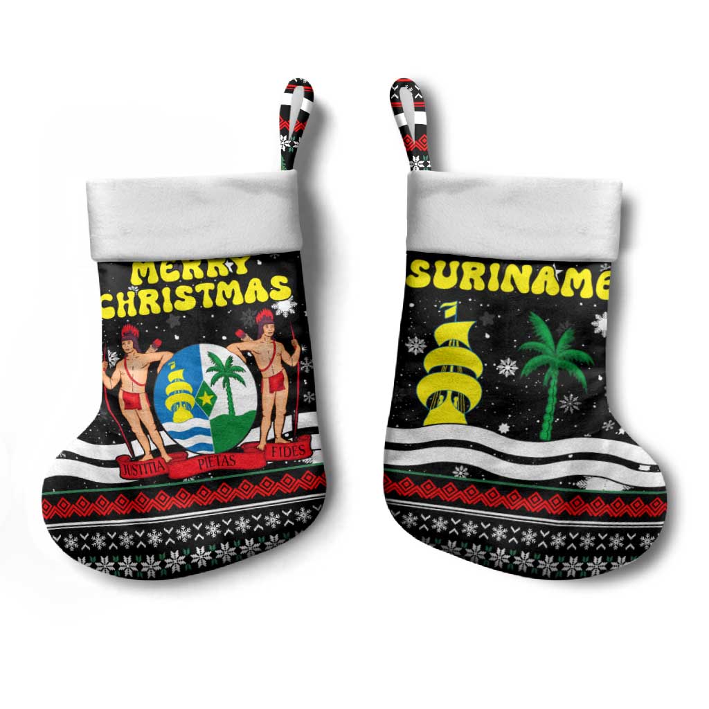 Suriname Christmas Stocking with Black Festive Pattern, Golden Ship, Palm Tree, and Coat of Arms Motif - Wonder Print Shop