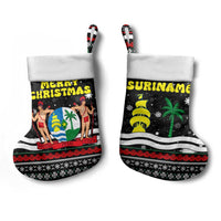 Suriname Christmas Stocking with Black Festive Pattern, Golden Ship, Palm Tree, and Coat of Arms Motif - Wonder Print Shop