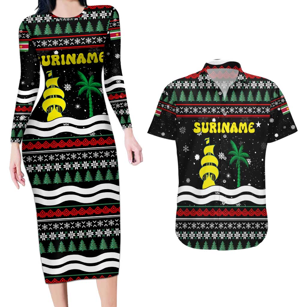Suriname Christmas Couples Matching Long Sleeve Bodycon Dress and Hawaiian Shirt with Black Festive Pattern, Golden Ship, Palm Tree, and Coat of Arms Motif - Wonder Print Shop