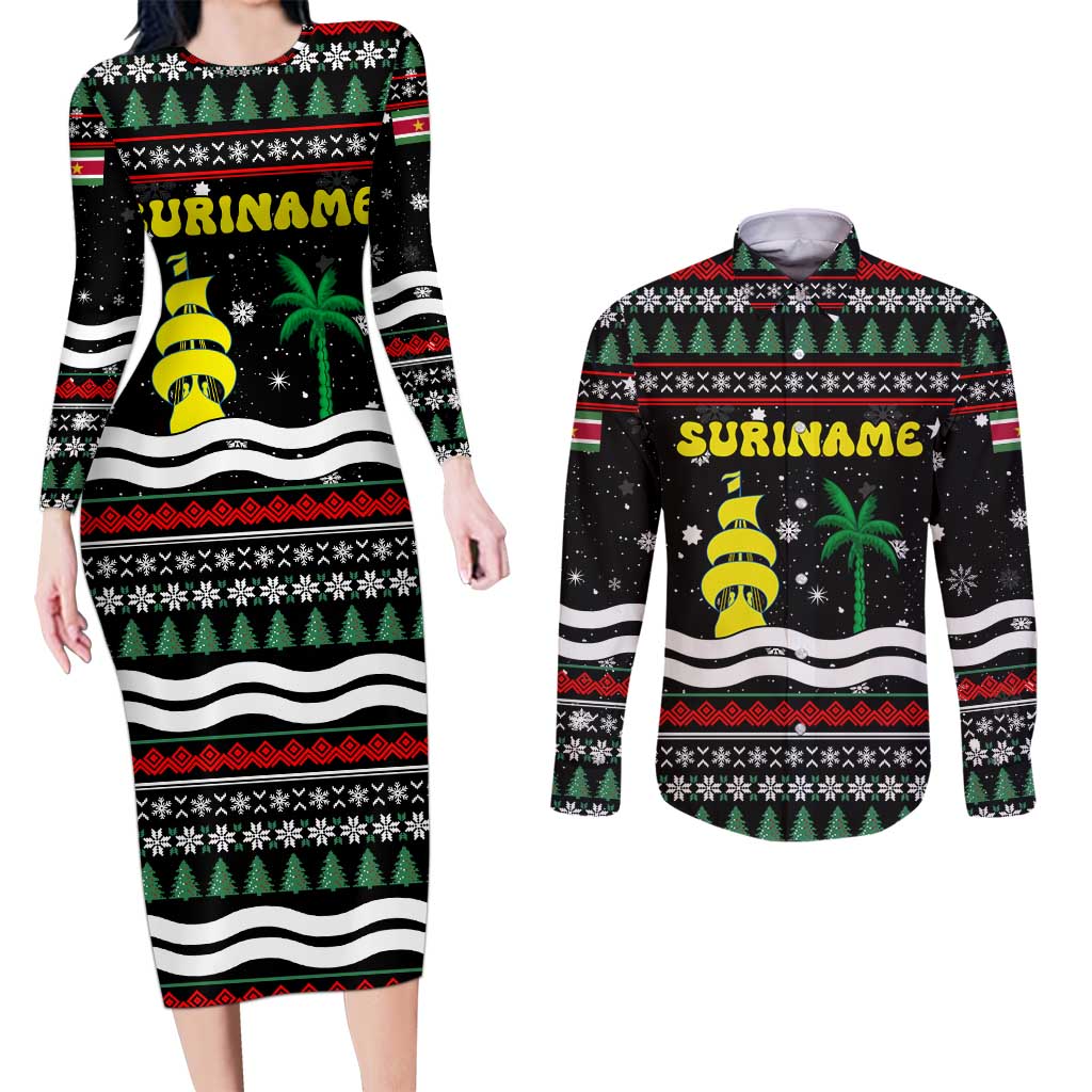 Suriname Christmas Couples Matching Long Sleeve Bodycon Dress and Long Sleeve Button Shirt with Black Festive Pattern, Golden Ship, Palm Tree, and Coat of Arms Motif - Wonder Print Shop