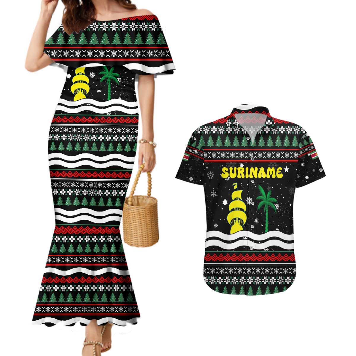 Suriname Christmas Couples Matching Mermaid Dress and Hawaiian Shirt with Black Festive Pattern, Golden Ship, Palm Tree, and Coat of Arms Motif - Wonder Print Shop