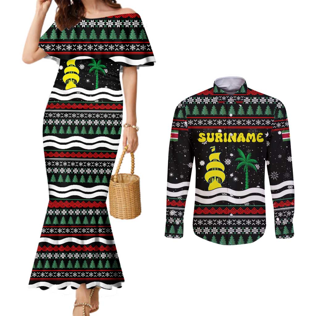 Suriname Christmas Couples Matching Mermaid Dress and Long Sleeve Button Shirt with Black Festive Pattern, Golden Ship, Palm Tree, and Coat of Arms Motif - Wonder Print Shop