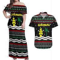 Suriname Christmas Couples Matching Off Shoulder Maxi Dress and Hawaiian Shirt with Black Festive Pattern, Golden Ship, Palm Tree, and Coat of Arms Motif - Wonder Print Shop