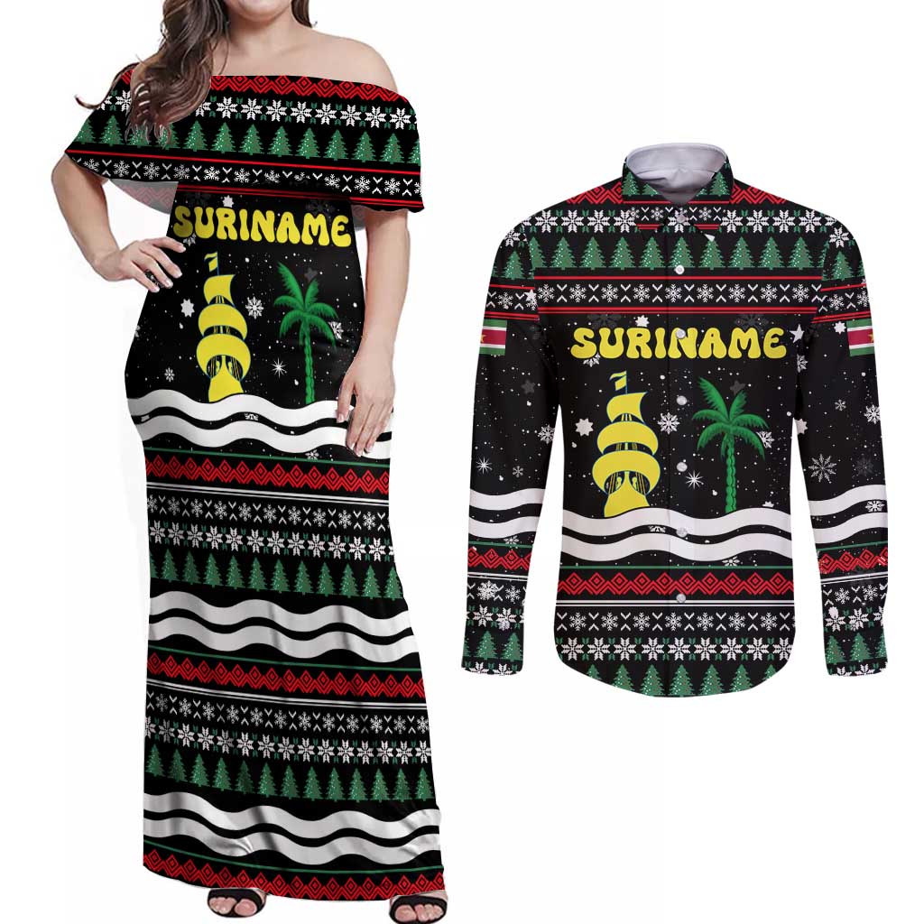 Suriname Christmas Couples Matching Off Shoulder Maxi Dress and Long Sleeve Button Shirt with Black Festive Pattern, Golden Ship, Palm Tree, and Coat of Arms Motif - Wonder Print Shop