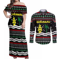 Suriname Christmas Couples Matching Off Shoulder Maxi Dress and Long Sleeve Button Shirt with Black Festive Pattern, Golden Ship, Palm Tree, and Coat of Arms Motif - Wonder Print Shop