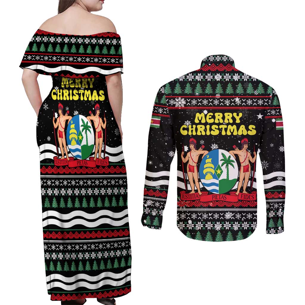 Suriname Christmas Couples Matching Off Shoulder Maxi Dress and Long Sleeve Button Shirt with Black Festive Pattern, Golden Ship, Palm Tree, and Coat of Arms Motif - Wonder Print Shop