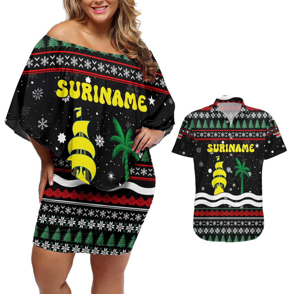 Suriname Christmas Couples Matching Off Shoulder Short Dress and Hawaiian Shirt with Black Festive Pattern, Golden Ship, Palm Tree, and Coat of Arms Motif - Wonder Print Shop