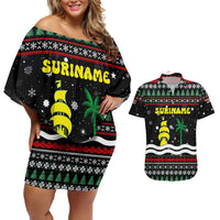 Suriname Christmas Couples Matching Off Shoulder Short Dress and Hawaiian Shirt with Black Festive Pattern, Golden Ship, Palm Tree, and Coat of Arms Motif - Wonder Print Shop