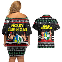 Suriname Christmas Couples Matching Off Shoulder Short Dress and Hawaiian Shirt with Black Festive Pattern, Golden Ship, Palm Tree, and Coat of Arms Motif - Wonder Print Shop