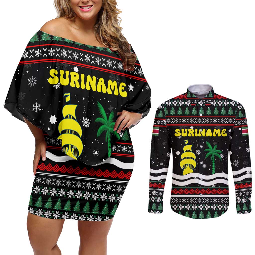 Suriname Christmas Couples Matching Off Shoulder Short Dress and Long Sleeve Button Shirt with Black Festive Pattern, Golden Ship, Palm Tree, and Coat of Arms Motif - Wonder Print Shop