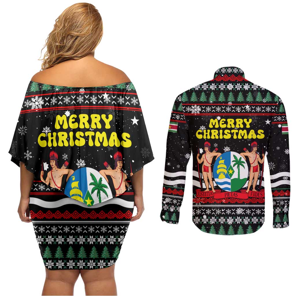 Suriname Christmas Couples Matching Off Shoulder Short Dress and Long Sleeve Button Shirt with Black Festive Pattern, Golden Ship, Palm Tree, and Coat of Arms Motif - Wonder Print Shop