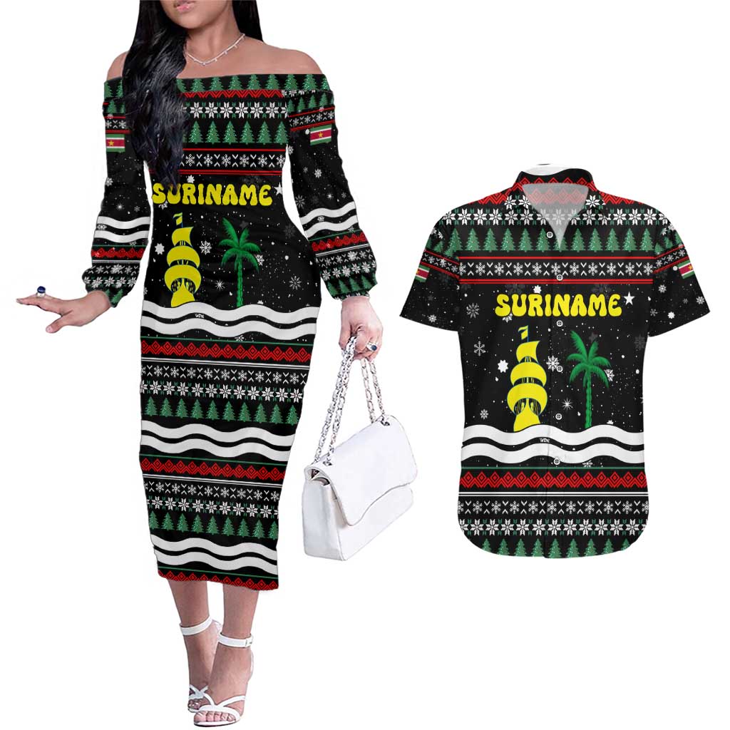 Suriname Christmas Couples Matching Off The Shoulder Long Sleeve Dress and Hawaiian Shirt with Black Festive Pattern, Golden Ship, Palm Tree, and Coat of Arms Motif - Wonder Print Shop