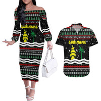 Suriname Christmas Couples Matching Off The Shoulder Long Sleeve Dress and Hawaiian Shirt with Black Festive Pattern, Golden Ship, Palm Tree, and Coat of Arms Motif - Wonder Print Shop