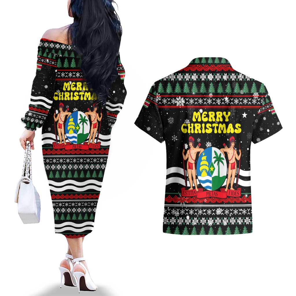 Suriname Christmas Couples Matching Off The Shoulder Long Sleeve Dress and Hawaiian Shirt with Black Festive Pattern, Golden Ship, Palm Tree, and Coat of Arms Motif - Wonder Print Shop