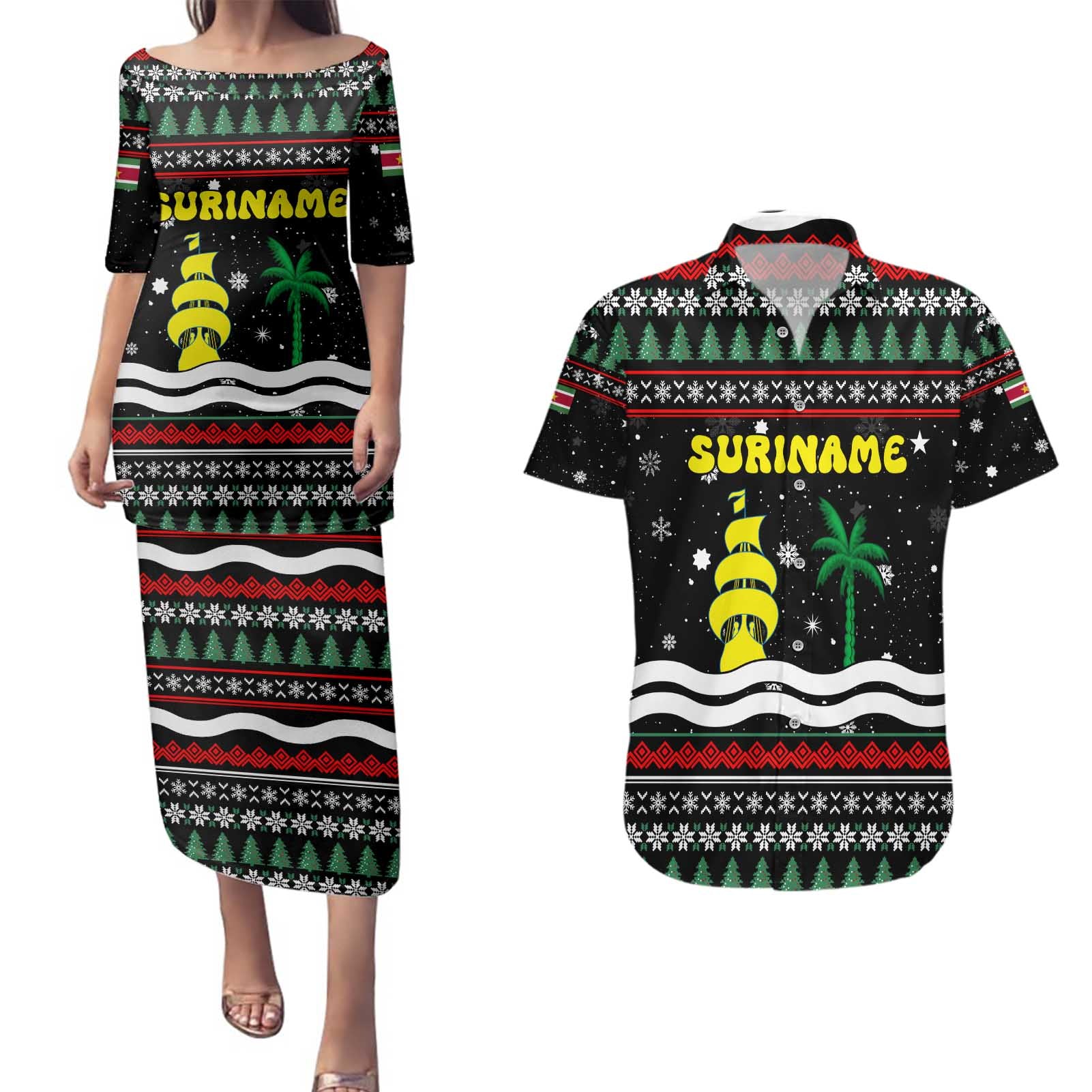 Suriname Christmas Couples Matching Puletasi and Hawaiian Shirt with Black Festive Pattern, Golden Ship, Palm Tree, and Coat of Arms Motif - Wonder Print Shop