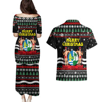 Suriname Christmas Couples Matching Puletasi and Hawaiian Shirt with Black Festive Pattern, Golden Ship, Palm Tree, and Coat of Arms Motif - Wonder Print Shop
