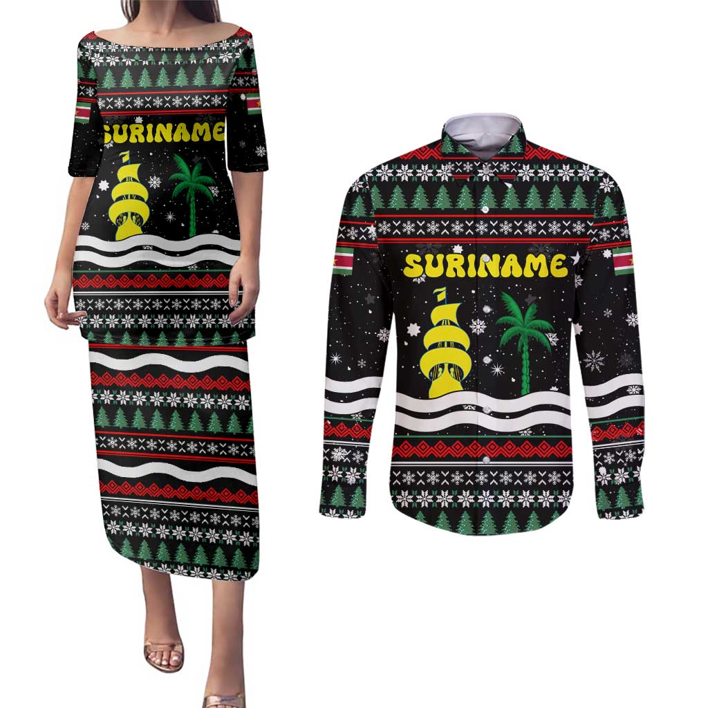 Suriname Christmas Couples Matching Puletasi and Long Sleeve Button Shirt with Black Festive Pattern, Golden Ship, Palm Tree, and Coat of Arms Motif - Wonder Print Shop
