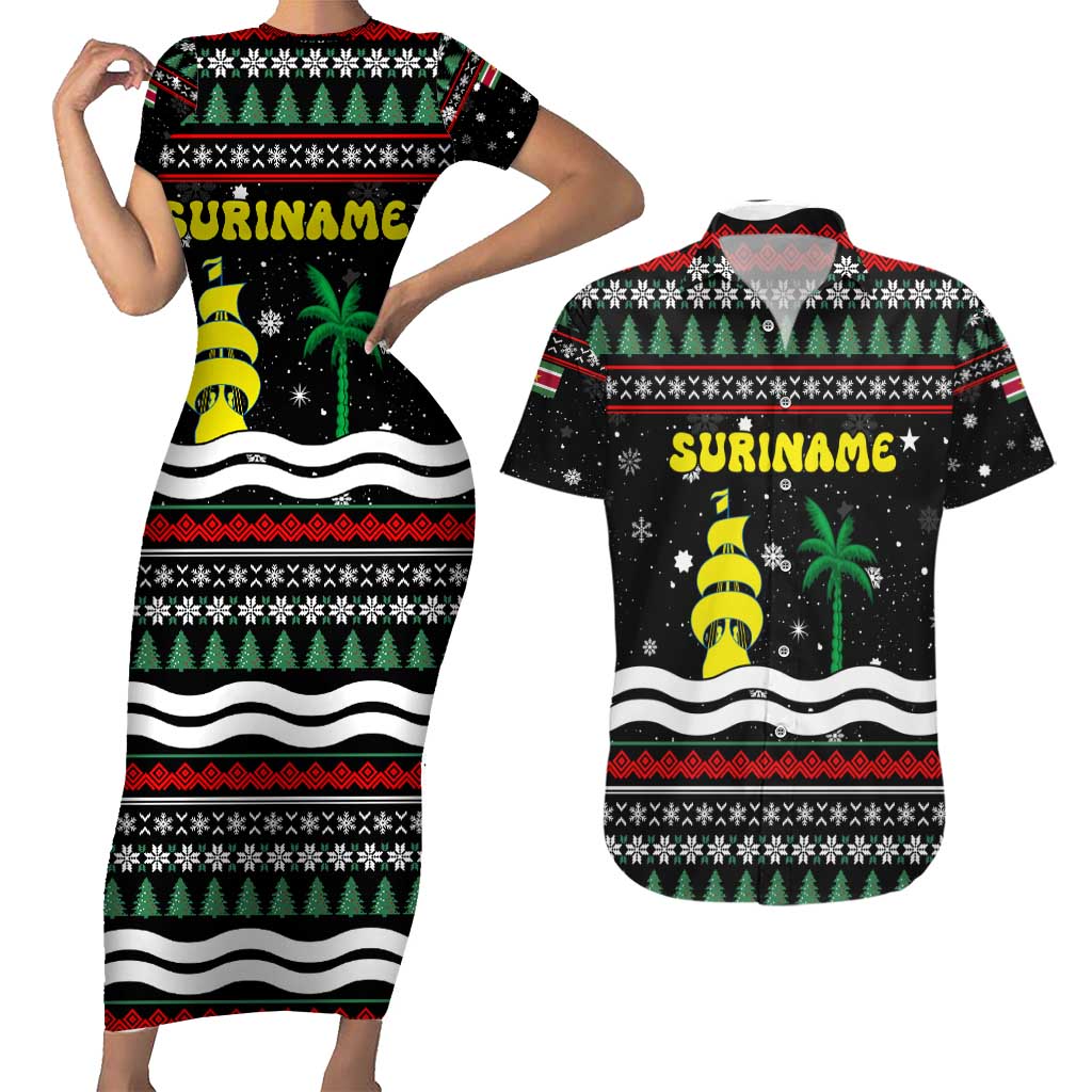 Suriname Christmas Couples Matching Short Sleeve Bodycon Dress and Hawaiian Shirt with Black Festive Pattern, Golden Ship, Palm Tree, and Coat of Arms Motif - Wonder Print Shop