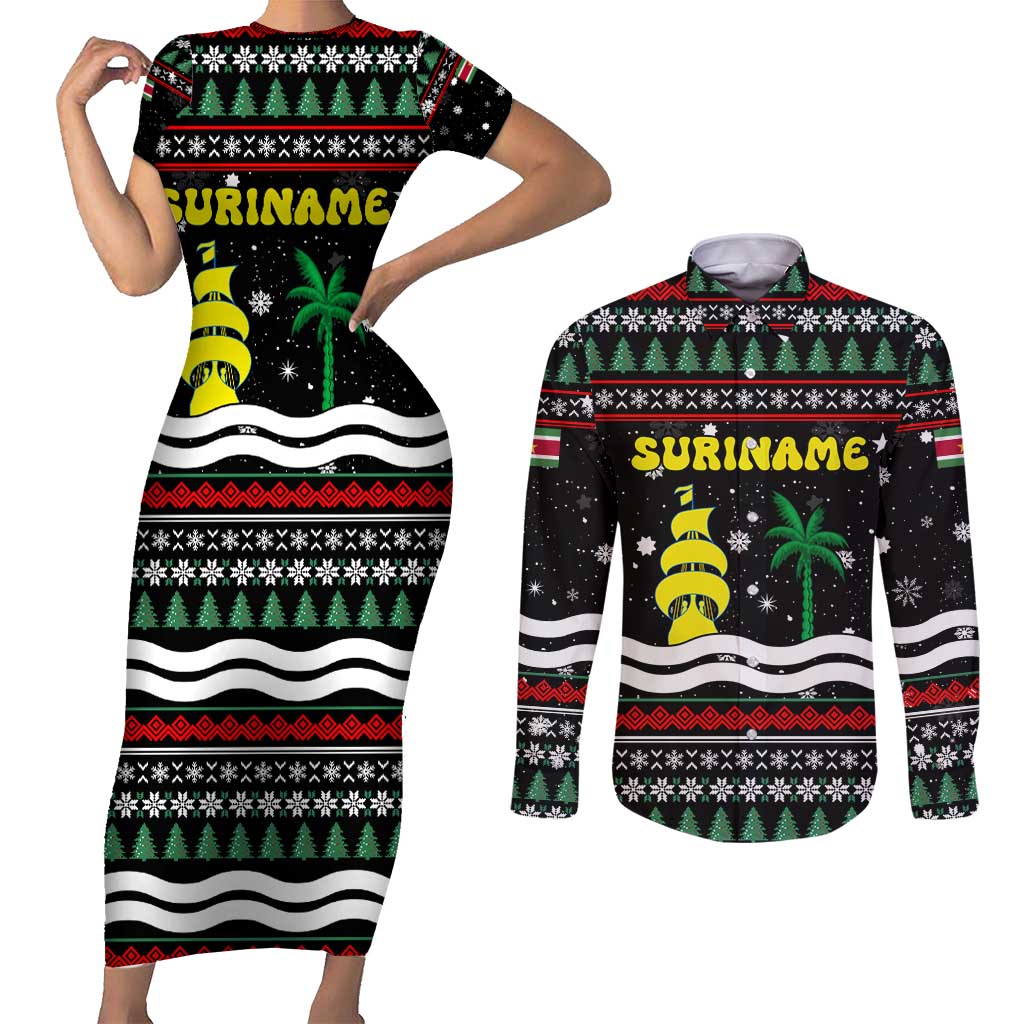 Suriname Christmas Couples Matching Short Sleeve Bodycon Dress and Long Sleeve Button Shirt with Black Festive Pattern, Golden Ship, Palm Tree, and Coat of Arms Motif - Wonder Print Shop