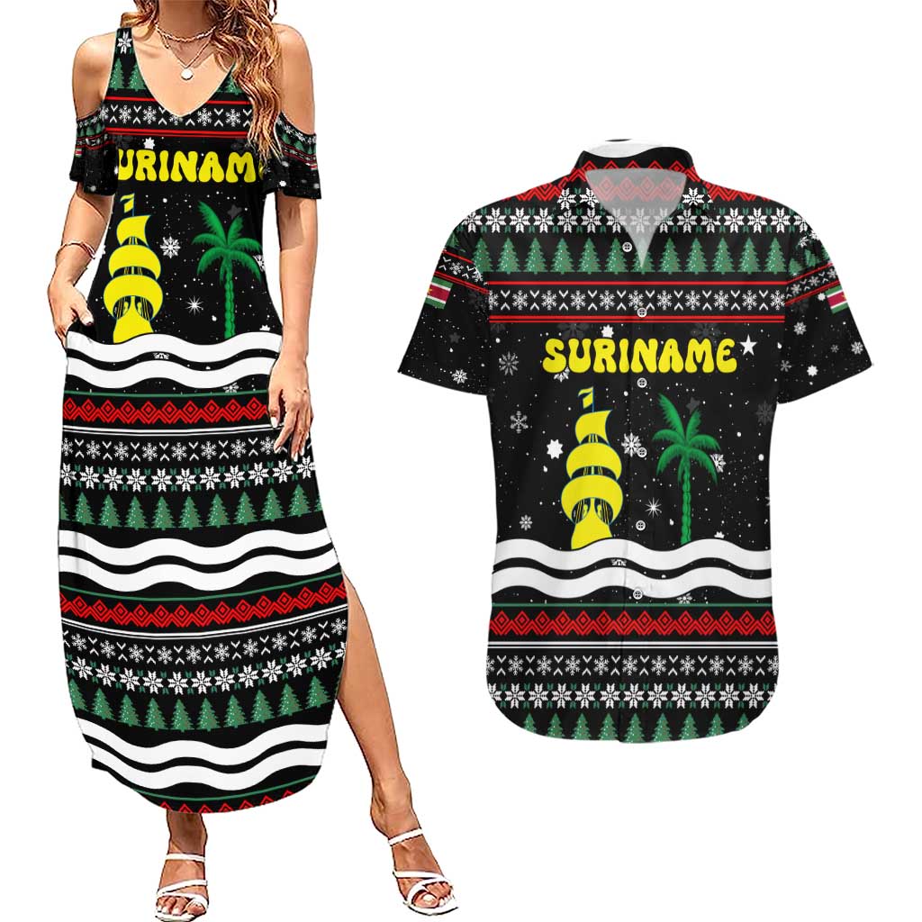 Suriname Christmas Couples Matching Summer Maxi Dress and Hawaiian Shirt with Black Festive Pattern, Golden Ship, Palm Tree, and Coat of Arms Motif - Wonder Print Shop