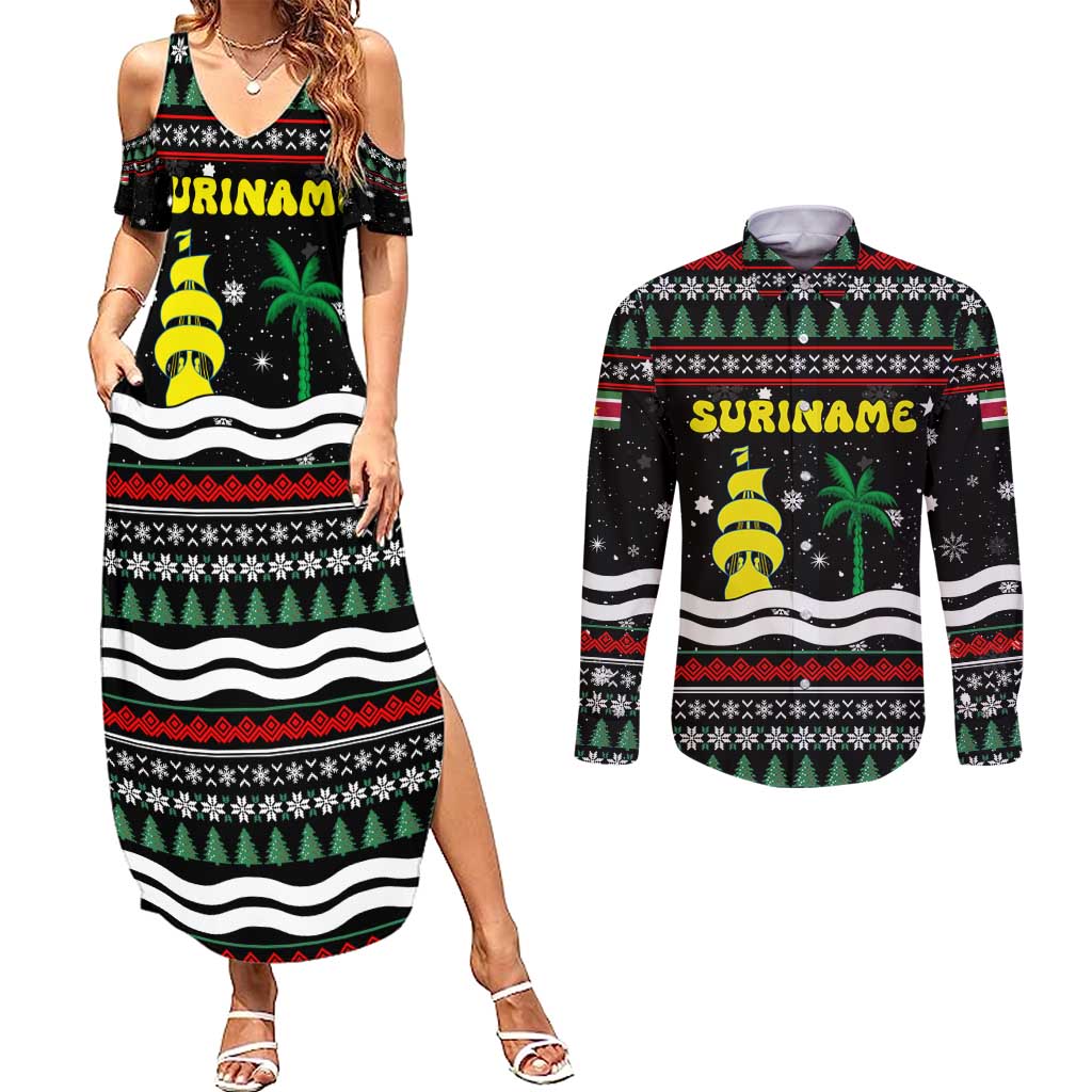 Suriname Christmas Couples Matching Summer Maxi Dress and Long Sleeve Button Shirt with Black Festive Pattern, Golden Ship, Palm Tree, and Coat of Arms Motif - Wonder Print Shop