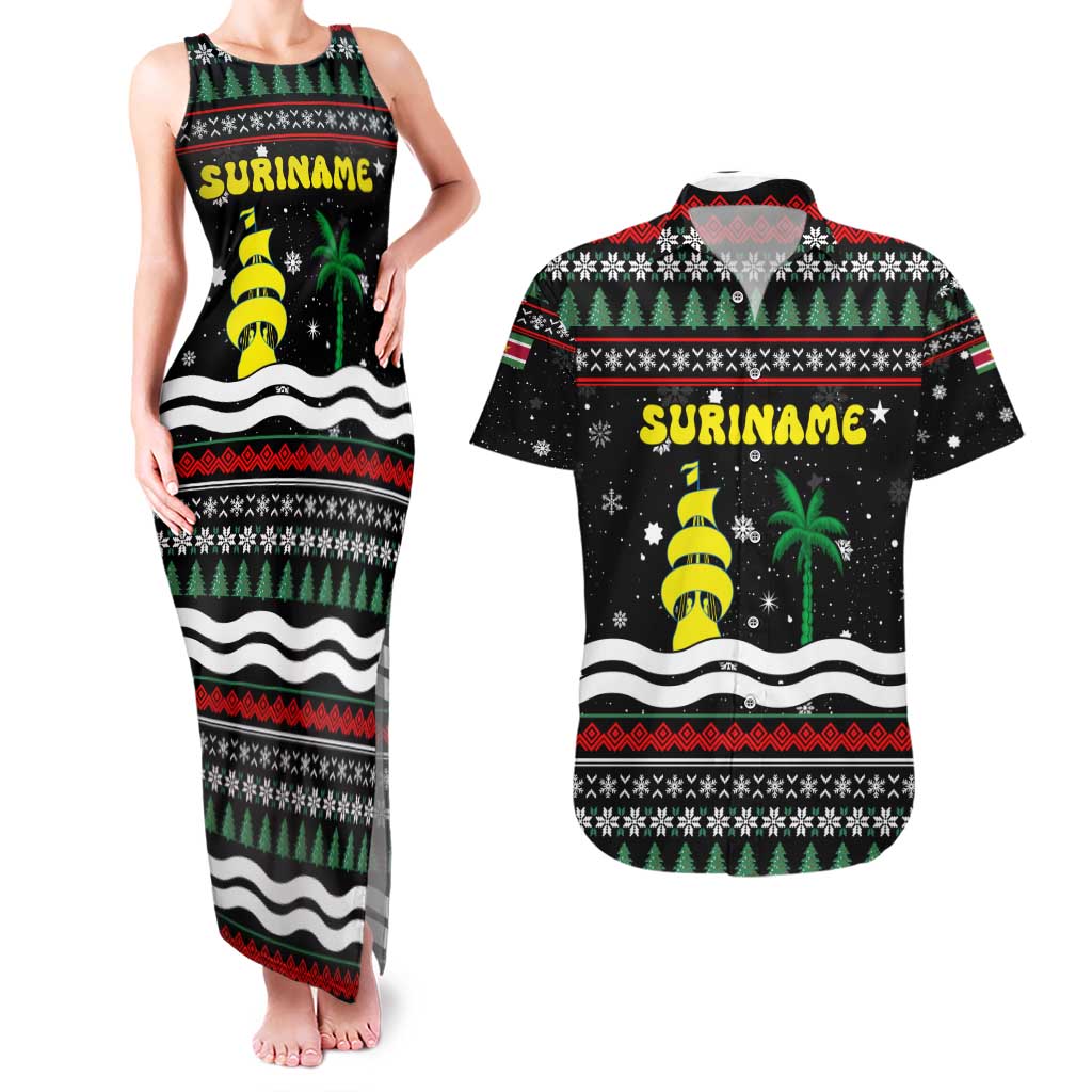 Suriname Christmas Couples Matching Tank Maxi Dress and Hawaiian Shirt with Black Festive Pattern, Golden Ship, Palm Tree, and Coat of Arms Motif - Wonder Print Shop