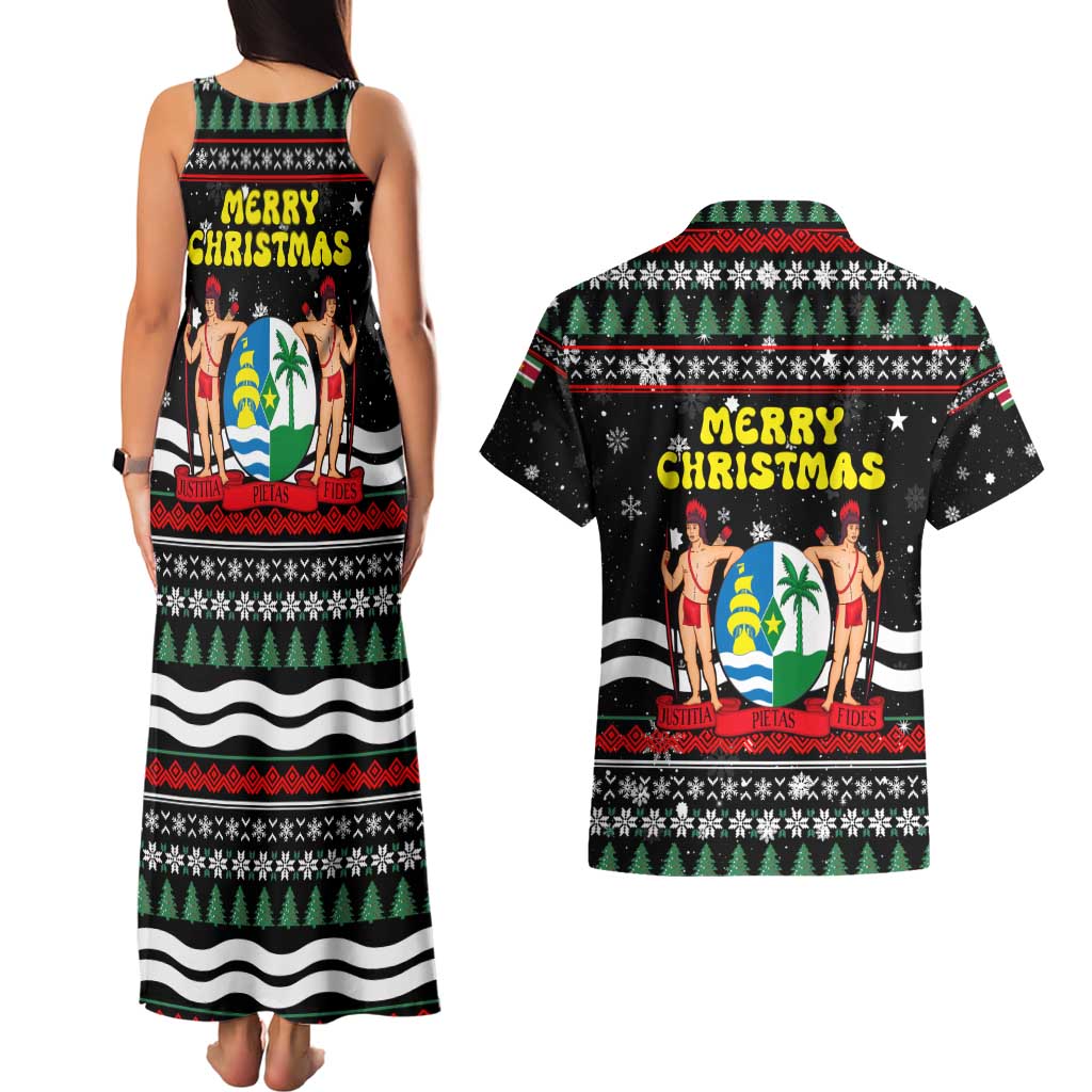 Suriname Christmas Couples Matching Tank Maxi Dress and Hawaiian Shirt with Black Festive Pattern, Golden Ship, Palm Tree, and Coat of Arms Motif - Wonder Print Shop