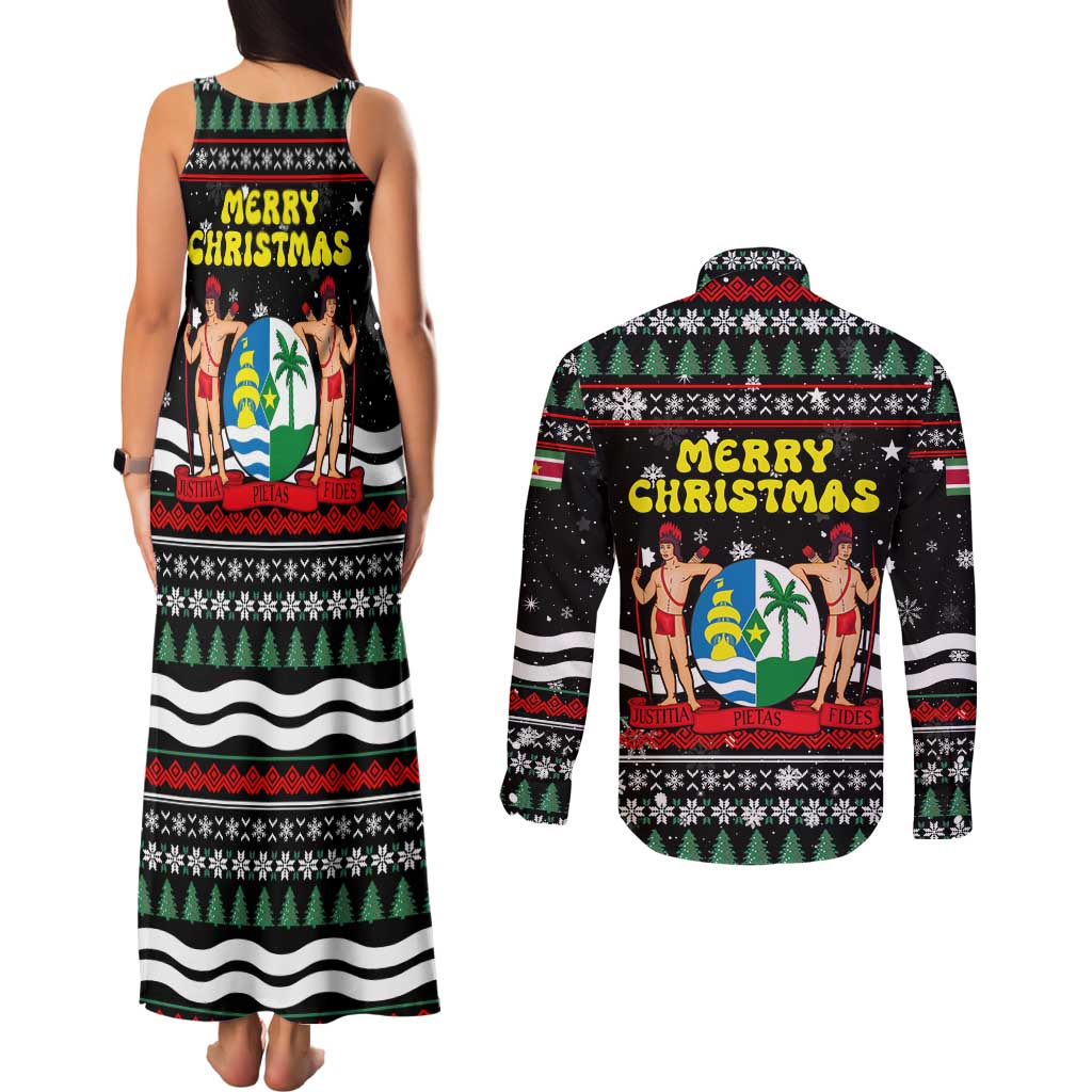 Suriname Christmas Couples Matching Tank Maxi Dress and Long Sleeve Button Shirt with Black Festive Pattern, Golden Ship, Palm Tree, and Coat of Arms Motif - Wonder Print Shop