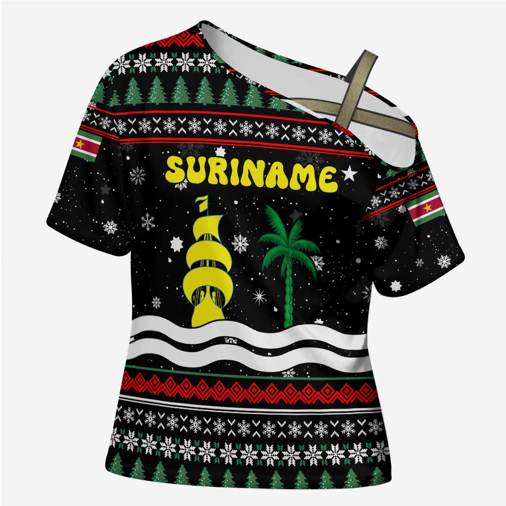 Suriname Christmas Cross Shoulder Shirt with Black Festive Pattern, Golden Ship, Palm Tree, and Coat of Arms Motif - Wonder Print Shop