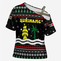Suriname Christmas Cross Shoulder Shirt with Black Festive Pattern, Golden Ship, Palm Tree, and Coat of Arms Motif - Wonder Print Shop