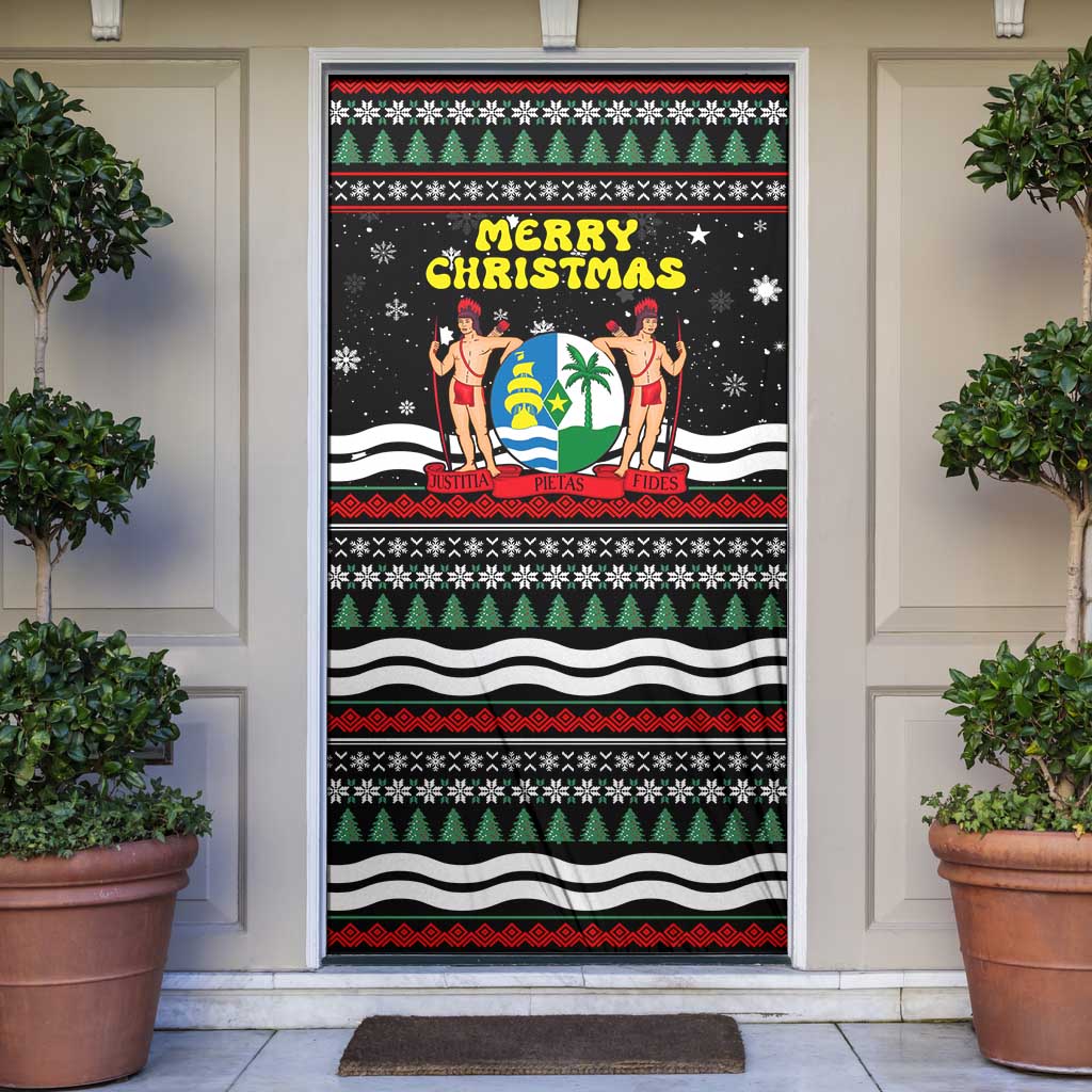 Suriname Christmas Door Cover with Black Festive Pattern, Golden Ship, Palm Tree, and Coat of Arms Motif - Wonder Print Shop