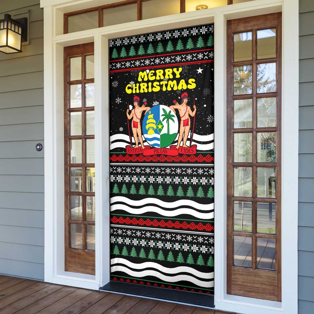 Suriname Christmas Door Cover with Black Festive Pattern, Golden Ship, Palm Tree, and Coat of Arms Motif - Wonder Print Shop