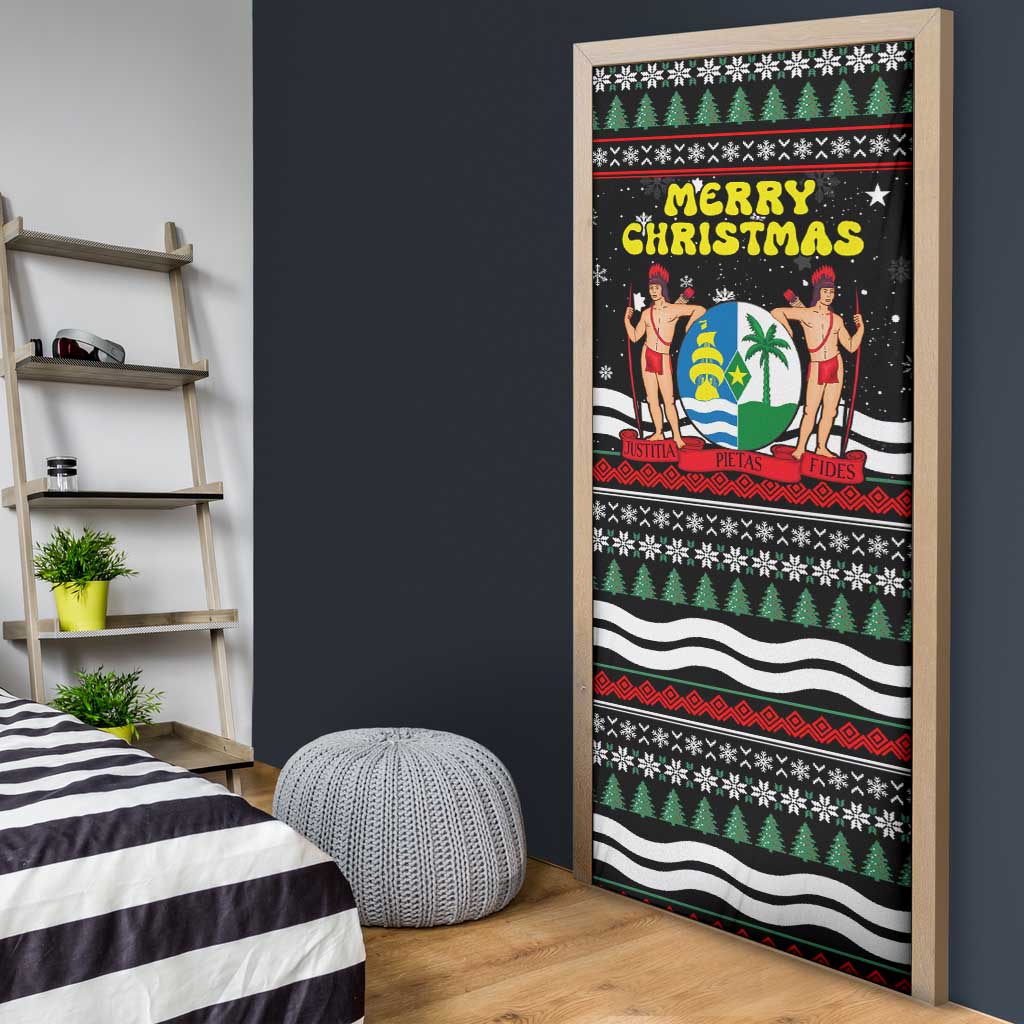 Suriname Christmas Door Cover with Black Festive Pattern, Golden Ship, Palm Tree, and Coat of Arms Motif - Wonder Print Shop