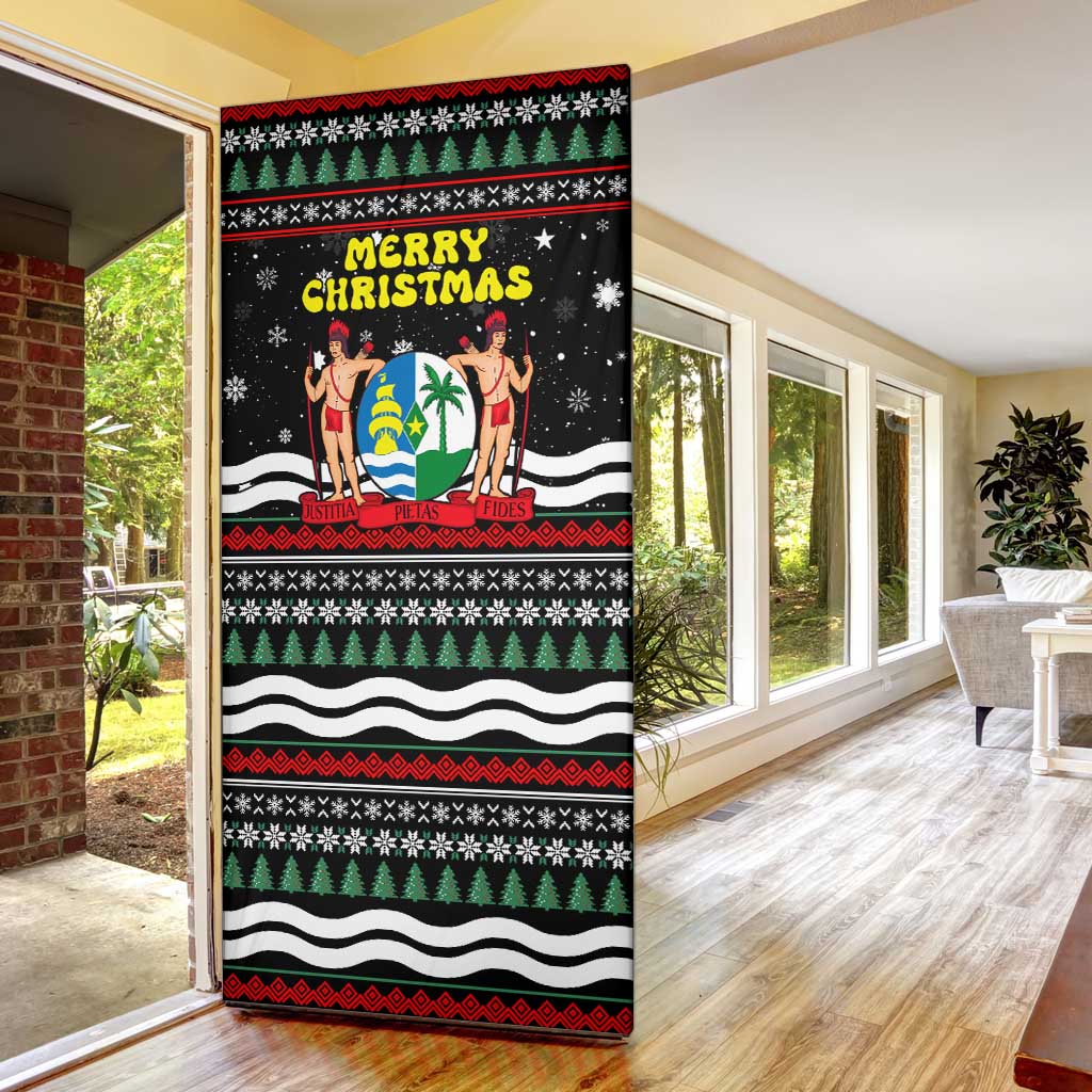 Suriname Christmas Door Cover with Black Festive Pattern, Golden Ship, Palm Tree, and Coat of Arms Motif - Wonder Print Shop